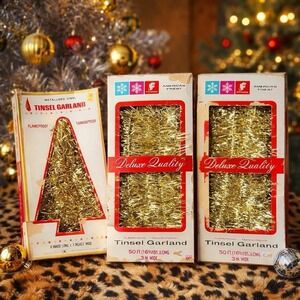 Gold Tinsel Garland Lot of 3 Metallized Christmas Tree Decor 50ft Retro Box VTG